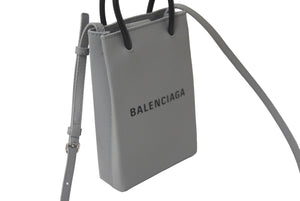 極美品 BALENCIAGA バレンシアガ ショルダーバッグ ショッピング フォンホルダーバッグ グレー レザー 593826 シルバー金具 中古 63957