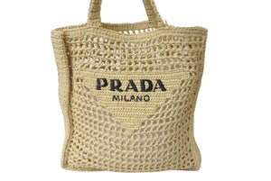 極美品 PRADA プラダ RAFIA ラフィア トートバッグ カゴバッグ ストロー ウィッカーイタリア製 ベージュ ブラック 中古 63959 