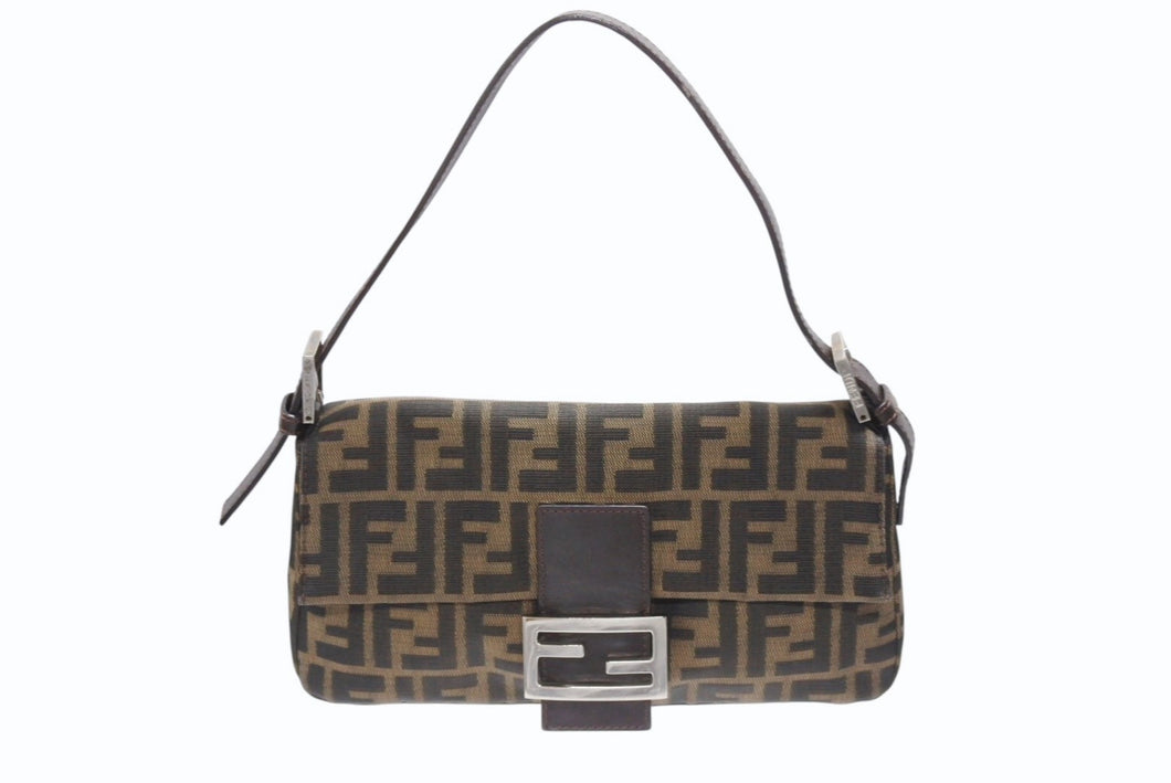 FENDI フェンディ マンマバケット ワンショルダーバッグ 26424 ズッカ柄 キャンバス レザー ブラウン シルバー金具 美品 中古 4b006396