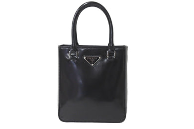 PRADA プラダ ロゴ スモールトートバッグ トライアングルロゴ ブラッシュドレザー 1BA331 ZO6 F0002 V ブラック 美品 中古 63970 