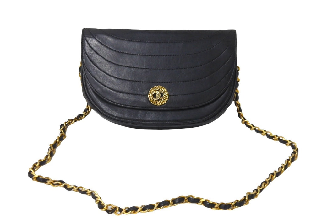CHANEL シャネル ハーフムーン チェーンミニショルダーバッグ 0番台 ココマーク ラムスキン ブラック ゴールド金具 美品 中古 63979