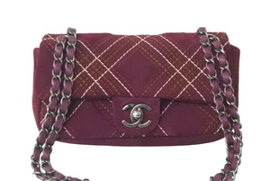 極美品 CHANEL シャネル チェーンショルダーバッグ ステッチ スエード シングルフラップ 18番台 パープル 中古 64007