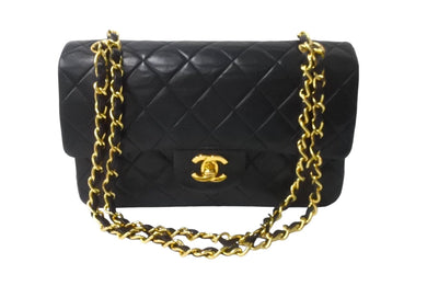 CHANEL シャネル Wフラップ マトラッセ チェーン ショルダーバッグ 23cm 1番台 ラムスキン ブラック ゴールド金具 美品 中古 64009
