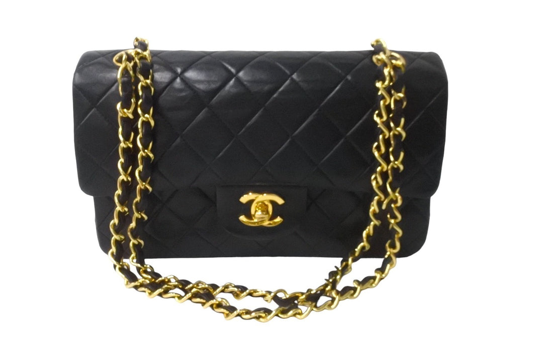 CHANEL シャネル Wフラップ マトラッセ チェーン ショルダーバッグ 23cm 1番台 ラムスキン ブラック ゴールド金具 美品 中古 64009