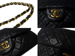 CHANEL シャネル Wフラップ マトラッセ チェーン ショルダーバッグ 23cm 1番台 ラムスキン ブラック ゴールド金具 美品 中古 64009