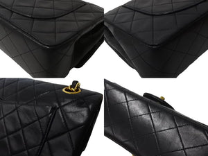 CHANEL シャネル Wフラップ マトラッセ チェーン ショルダーバッグ 23cm 1番台 ラムスキン ブラック ゴールド金具 美品 中古 64009