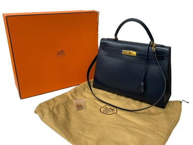 HERMES エルメス ケリー32 外縫い ネイビー ○X刻印 カーフスキン ゴールド金具 ハンドバッグ 2WAY 美品 中古4c063400