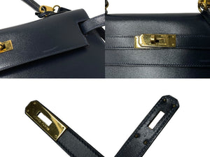 HERMES エルメス ケリー32 外縫い ネイビー ○X刻印 カーフスキン ゴールド金具 ハンドバッグ 2WAY 美品 中古4c063400