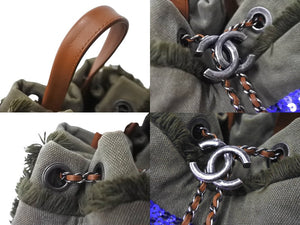 極美品 CHANEL シャネル クルーズライン バックパック 23番台 キューバ カーキ レッド ブルー スパンコール コットン 中古 64031