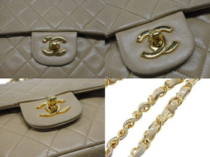 CHANEL シャネル マトラッセ 25cm Wフラップ チェーンショルダーバッグ 4番台 ラムスキン ベージュ ゴールド金具 美品 中古 4c063447