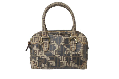 極美品 FENDI フェンディ ズッキーノ ミニ ハンドバッグ ブラウン PVC ロゴ 鞄 ゴールド金具 中古 64098 