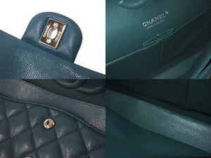 新品同様 CHANEL シャネル Wフラップ 25cm ショルダーバッグ キャビアスキン 26番台 マトラッセ グリーン系 シルバー金具 中古 64104