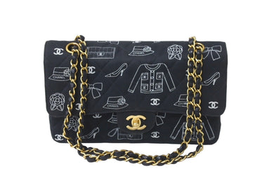CHANEL シャネル マトラッセ25 Wフラップ チェーンショルダーバッグ 7番台 アイコンプリント ラムスキン ネイビー 美品 中古 64105