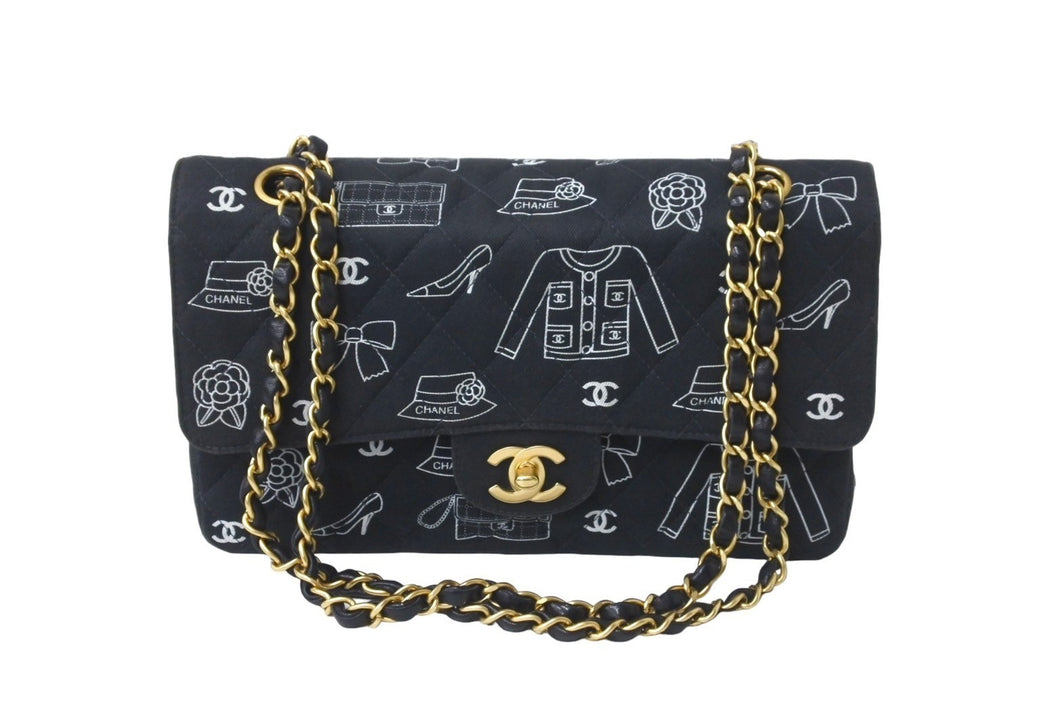 CHANEL シャネル マトラッセ25 Wフラップ チェーンショルダーバッグ 7番台 アイコンプリント ラムスキン ネイビー 美品 中古 64105