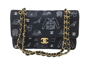 CHANEL シャネル マトラッセ25 Wフラップ チェーンショルダーバッグ 7番台 アイコンプリント ラムスキン ネイビー 美品 中古 64105