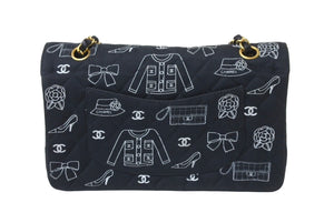 CHANEL シャネル マトラッセ25 Wフラップ チェーンショルダーバッグ 7番台 アイコンプリント ラムスキン ネイビー 美品 中古 64105