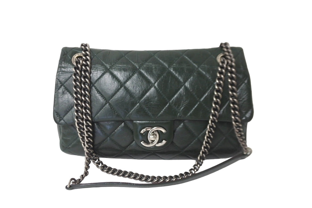 CHANEL シャネル チェーンショルダーバッグ ココマーク 19番台 2014年 カーフスキン グリーン シルバー金具 美品 中古 64106