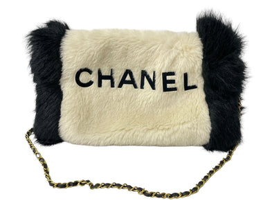 新品同様 CHANEL シャネル ハンドウォーマー チェーンショルダー ラパンファー ホワイト ブラック ゴールド金具 中古 64140