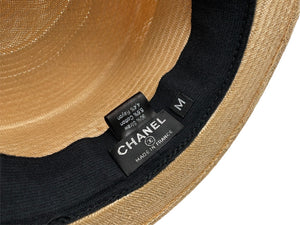 極美品 CHANEL シャネル ココマーク ストロー ハット ベージュ 藁 帽子 ロゴ ブラック 小物 サイズM 中古 64158