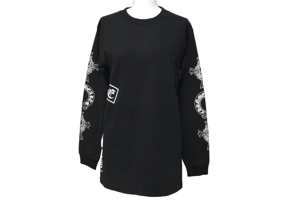極美品 CHROME HEARTS クロムハーツ 長袖Ｔシャツ サイズS CHクロス ホースシュー プリント ブラック コットン 中古 64163
