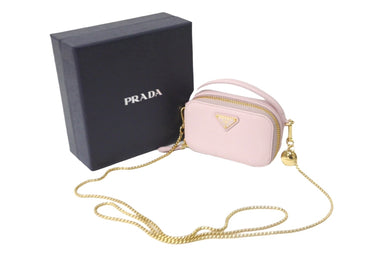極美品 PRADA プラダ サフィアーノ トライアングルロゴ ミニポーチ 1NR025_QHH_F0E18 レザー ピンク ゴールド金具 中古 64199 