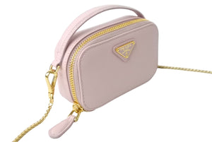 極美品 PRADA プラダ サフィアーノ トライアングルロゴ ミニポーチ 1NR025_QHH_F0E18 レザー ピンク ゴールド金具 中古 64199 