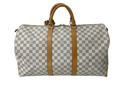 LOUISVUITTON ルイヴィトン キーポル50 ボストンバッグ N48223 ダミエアズールキャンバス ヌメ革 ホワイト 美品 中古 64265