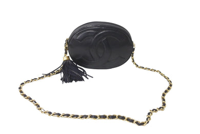 CHANEL シャネル チェーンショルダーバッグ ココマーク フリンジ 1番台 カーフスキン ブラック ゴールド金具 美品 中古 64309