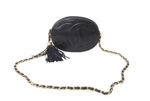 CHANEL シャネル チェーンショルダーバッグ ココマーク フリンジ 1番台 カーフスキン ブラック ゴールド金具 美品 中古 64309