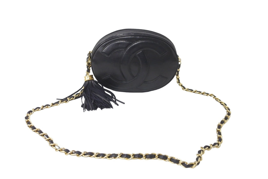 CHANEL シャネル チェーンショルダーバッグ ココマーク フリンジ 1番台 カーフスキン ブラック ゴールド金具 美品 中古 64309