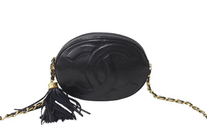 CHANEL シャネル チェーンショルダーバッグ ココマーク フリンジ 1番台 カーフスキン ブラック ゴールド金具 美品 中古 64309