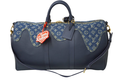 極美品 LOUIS VUITTON ルイヴィトン NIGO キーポルバンドリエール50 ボストンバッグ M45975 デニム レザー ネイビー 中古64397