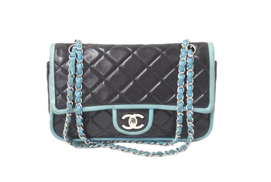CHANEL シャネル マトラッセ25 ダブルフラップ チェーンショルダーバッグ 11番台 ラムスキン ブラック ブルー 良品 中古 64399
