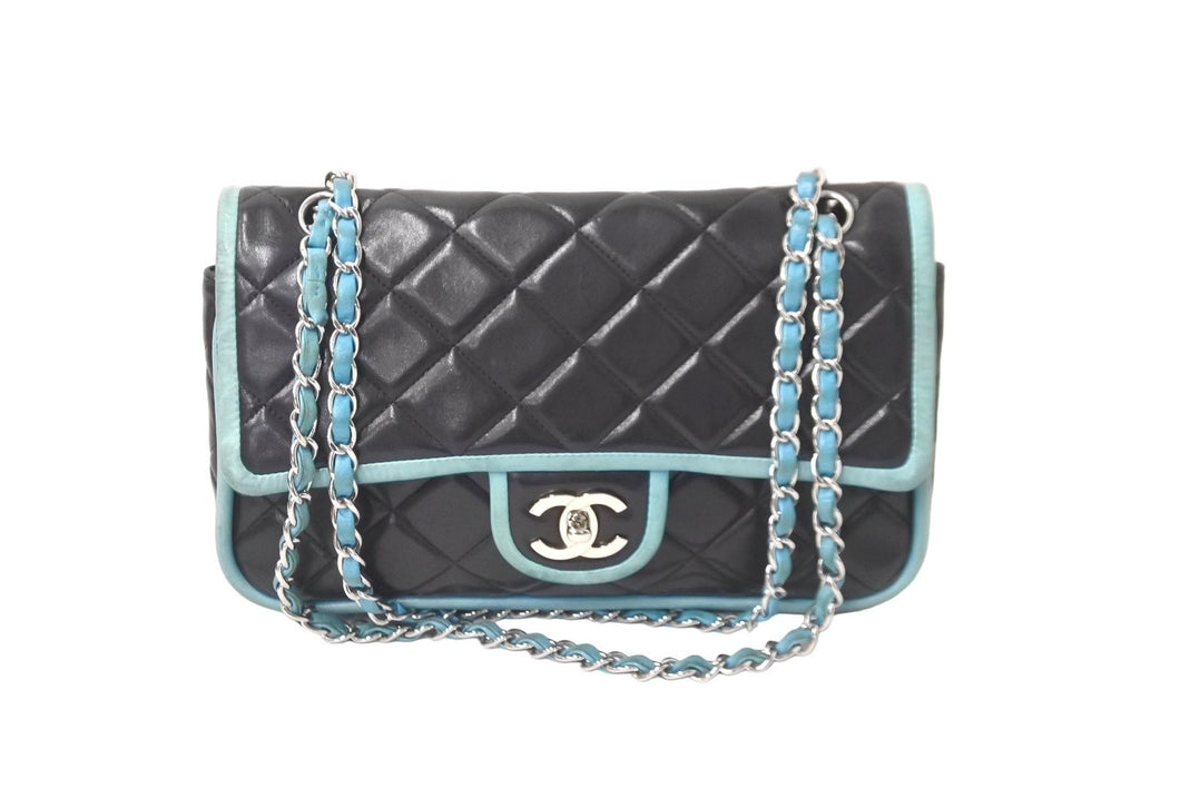 CHANEL シャネル マトラッセ25 ダブルフラップ チェーンショルダーバッグ 11番台 ラムスキン ブラック ブルー 良品 中古 64399