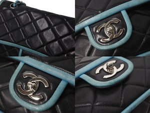 CHANEL シャネル マトラッセ25 ダブルフラップ チェーンショルダーバッグ 11番台 ラムスキン ブラック ブルー 良品 中古 64399