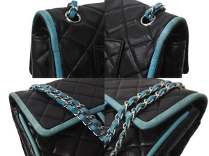 CHANEL シャネル マトラッセ25 ダブルフラップ チェーンショルダーバッグ 11番台 ラムスキン ブラック ブルー 良品 中古 64399