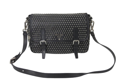 PRADA プラダ メッセンジャーバッグ ショルダーバッグ BT861S スタッズ ソフトカーフレザー シルバー金具 ブラック 美品 中古 64402 