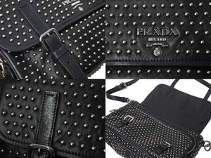 PRADA プラダ メッセンジャーバッグ ショルダーバッグ BT861S スタッズ ソフトカーフレザー シルバー金具 ブラック 美品 中古 64402 