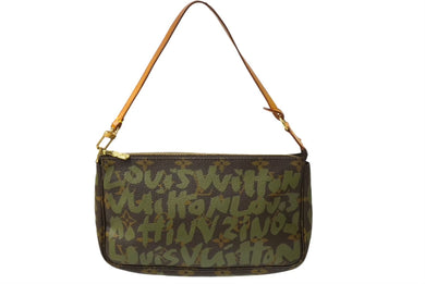 [USED/中古]LOUIS VUITTON ルイ・ヴィトン アクセサリーポーチ ポシェット アクセソワール ブラウン グリーン ヌメ革 モノグラムグラフィティ M92191 ゴールド金具 Bランク 中古 64417