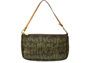 [USED/中古]LOUIS VUITTON ルイ・ヴィトン アクセサリーポーチ ポシェット アクセソワール ブラウン グリーン ヌメ革 モノグラムグラフィティ M92191 ゴールド金具 Bランク 中古 64417