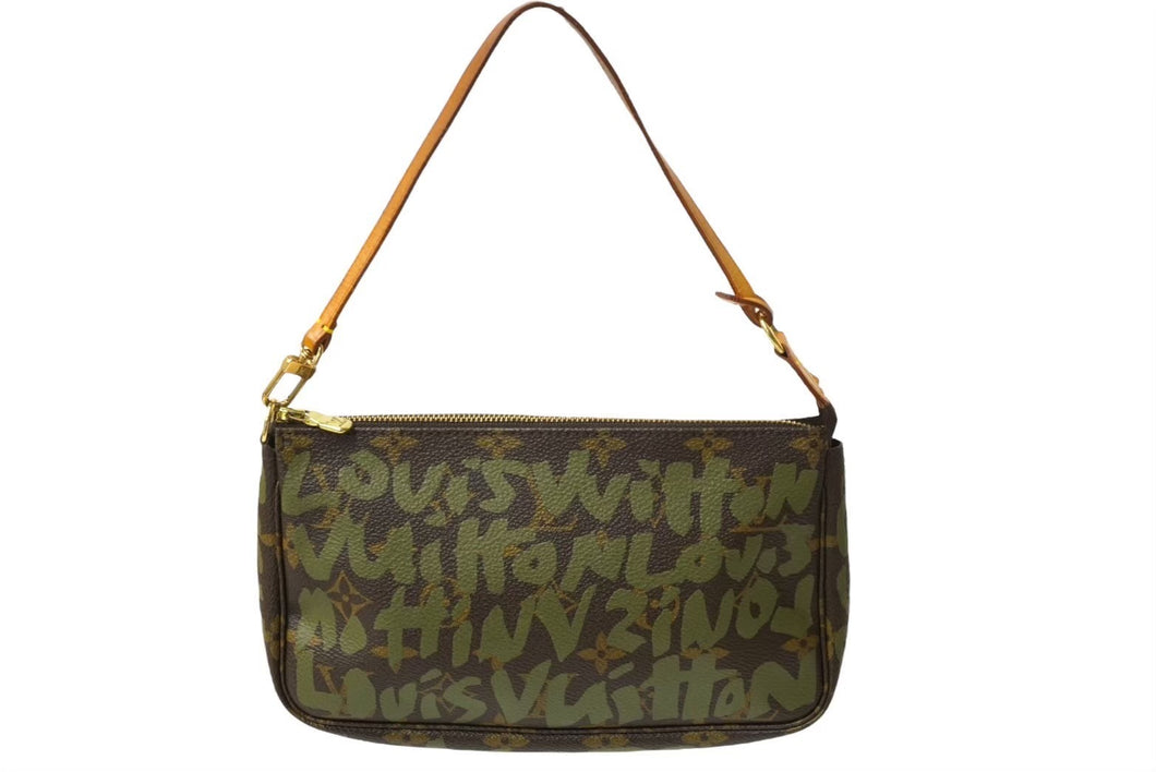 [USED/中古]LOUIS VUITTON ルイ・ヴィトン アクセサリーポーチ ポシェット アクセソワール ブラウン グリーン ヌメ革 モノグラムグラフィティ M92191 ゴールド金具 Bランク 中古 64417