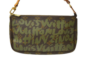 [USED/中古]LOUIS VUITTON ルイ・ヴィトン アクセサリーポーチ ポシェット アクセソワール ブラウン グリーン ヌメ革 モノグラムグラフィティ M92191 ゴールド金具 Bランク 中古 64417