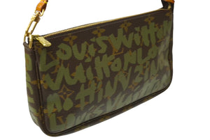 [USED/中古]LOUIS VUITTON ルイ・ヴィトン アクセサリーポーチ ポシェット アクセソワール ブラウン グリーン ヌメ革 モノグラムグラフィティ M92191 ゴールド金具 Bランク 中古 64417