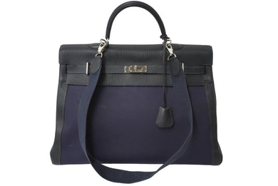 激レア HERMES エルメス ケリー50 2way ハンドバック ネイビー系 トゴ トワル シルバー金具 □F刻印 中古 64446