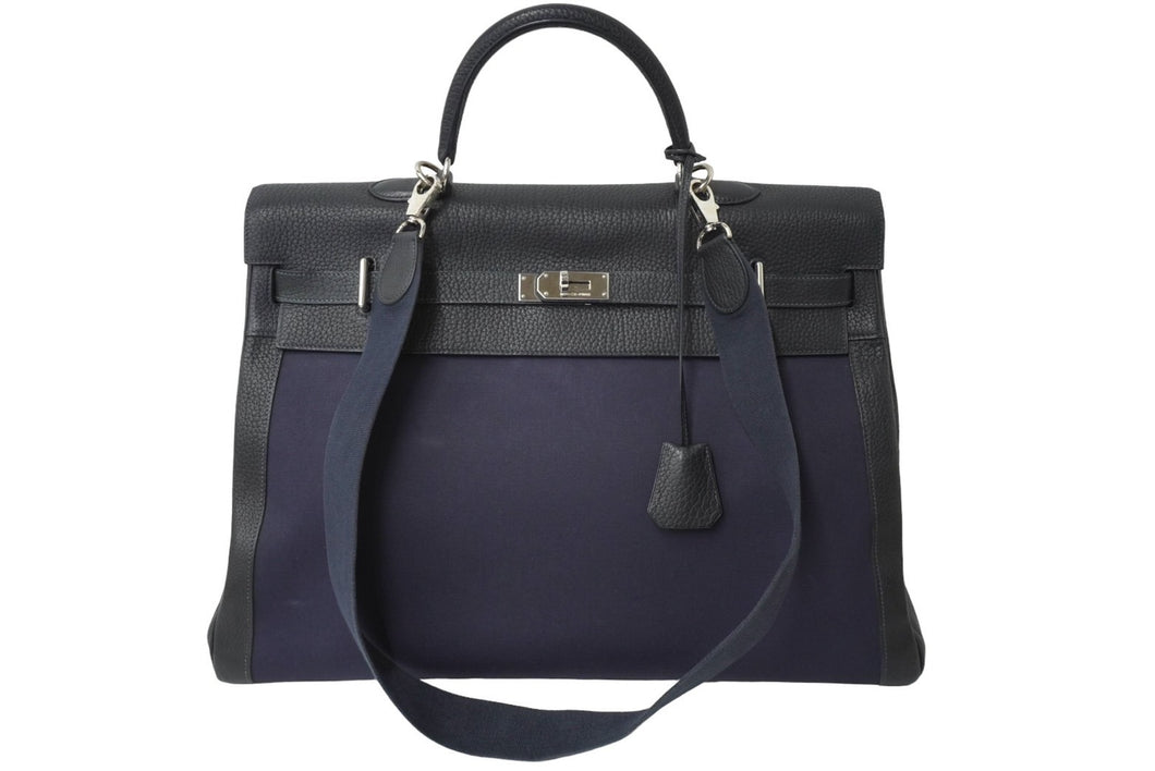 激レア HERMES エルメス ケリー50 2way ハンドバック ネイビー系 トゴ トワル シルバー金具 □F刻印 中古 64446