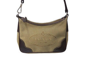 PRADA プラダ ホーボー ハンドバック ロゴ ジャガード ワンショルダー キャンバス シルバー金具 BR3423 ベージュ 美品 中古 64531 