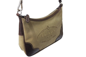 PRADA プラダ ホーボー ハンドバック ロゴ ジャガード ワンショルダー キャンバス シルバー金具 BR3423 ベージュ 美品 中古 64531 