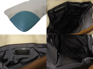 PRADA プラダ 巾着 ポーチ ベージュ グリーン キャンバス レザー トライアングルロゴ 小物入れ 美品 中古 64552