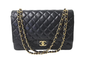 CHANEL シャネル Wフラップチェーンショルダーバッグ デカマトラッセ 33cm 14番台 ラムスキン ブラック ゴールド 美品 中古 64584
