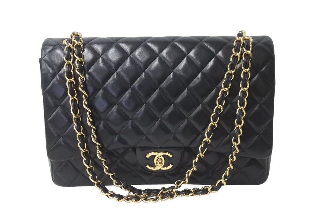 CHANEL シャネル Wフラップチェーンショルダーバッグ デカマトラッセ 33cm 14番台 ラムスキン ブラック ゴールド 美品 中古 64584